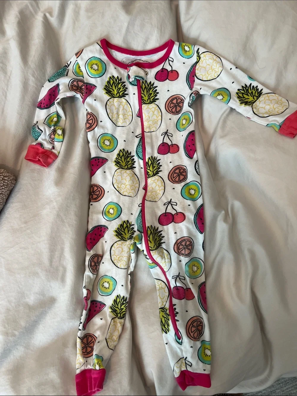Girls' White Fruit-Print One-Piece Pajamas with Pink Trim 18m